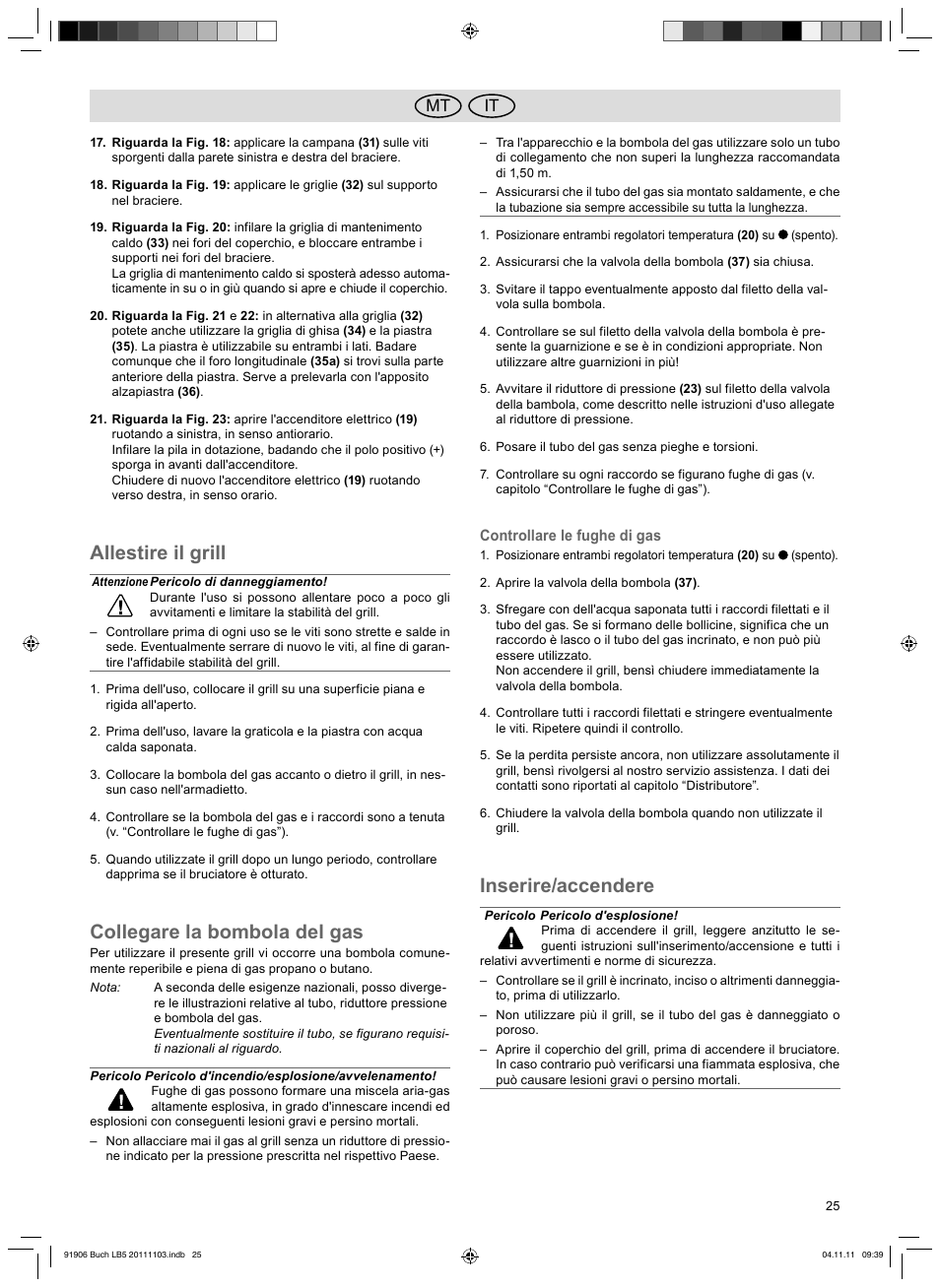 Allestire il grill, Collegare la bombola del gas, Inserire/accendere | It mt | Florabest FGG 6.7 B2 User Manual | Page 25 / 42