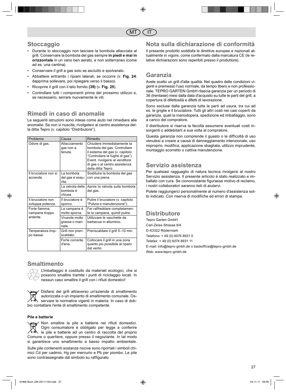 Stoccaggio, Rimedi in caso di anomalie, Smaltimento | Nota sulla dichiarazione di conformità, Garanzia, Servizio assistenza, Distributore, It mt | Florabest FGG 6.7 B2 User Manual | Page 27 / 42