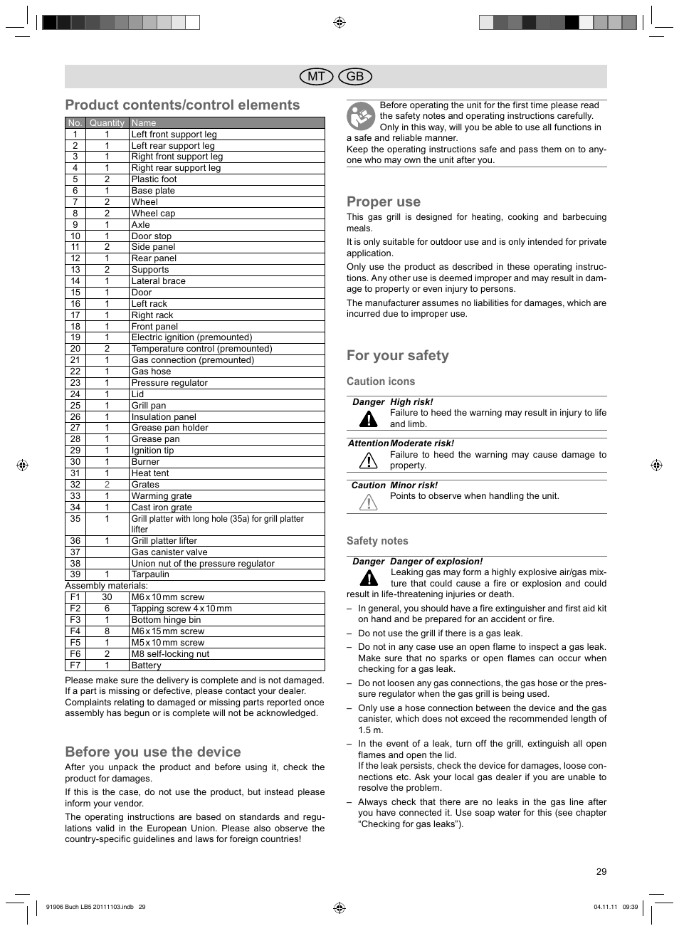 Product contents/control elements, Before you use the device, Proper use | For your safety, Gb mt | Florabest FGG 6.7 B2 User Manual | Page 29 / 42
