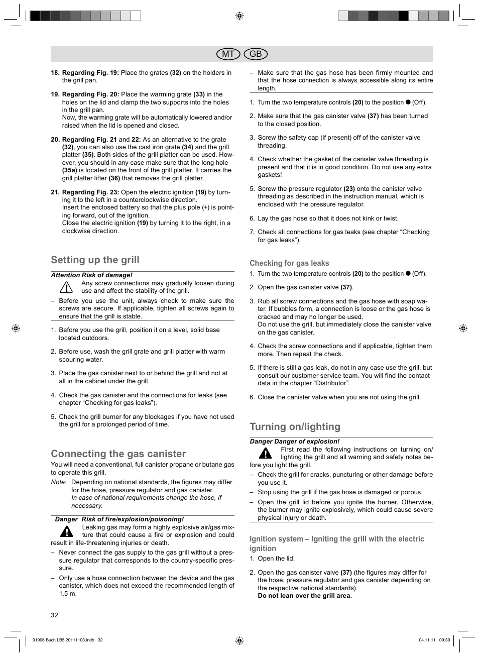 Setting up the grill, Connecting the gas canister, Turning on/lighting | Gb mt | Florabest FGG 6.7 B2 User Manual | Page 32 / 42