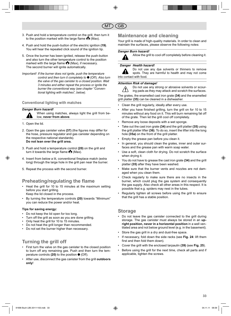 Preheating/regulating the flame, Turning the grill off, Maintenance and cleaning | Storage, Gb mt | Florabest FGG 6.7 B2 User Manual | Page 33 / 42
