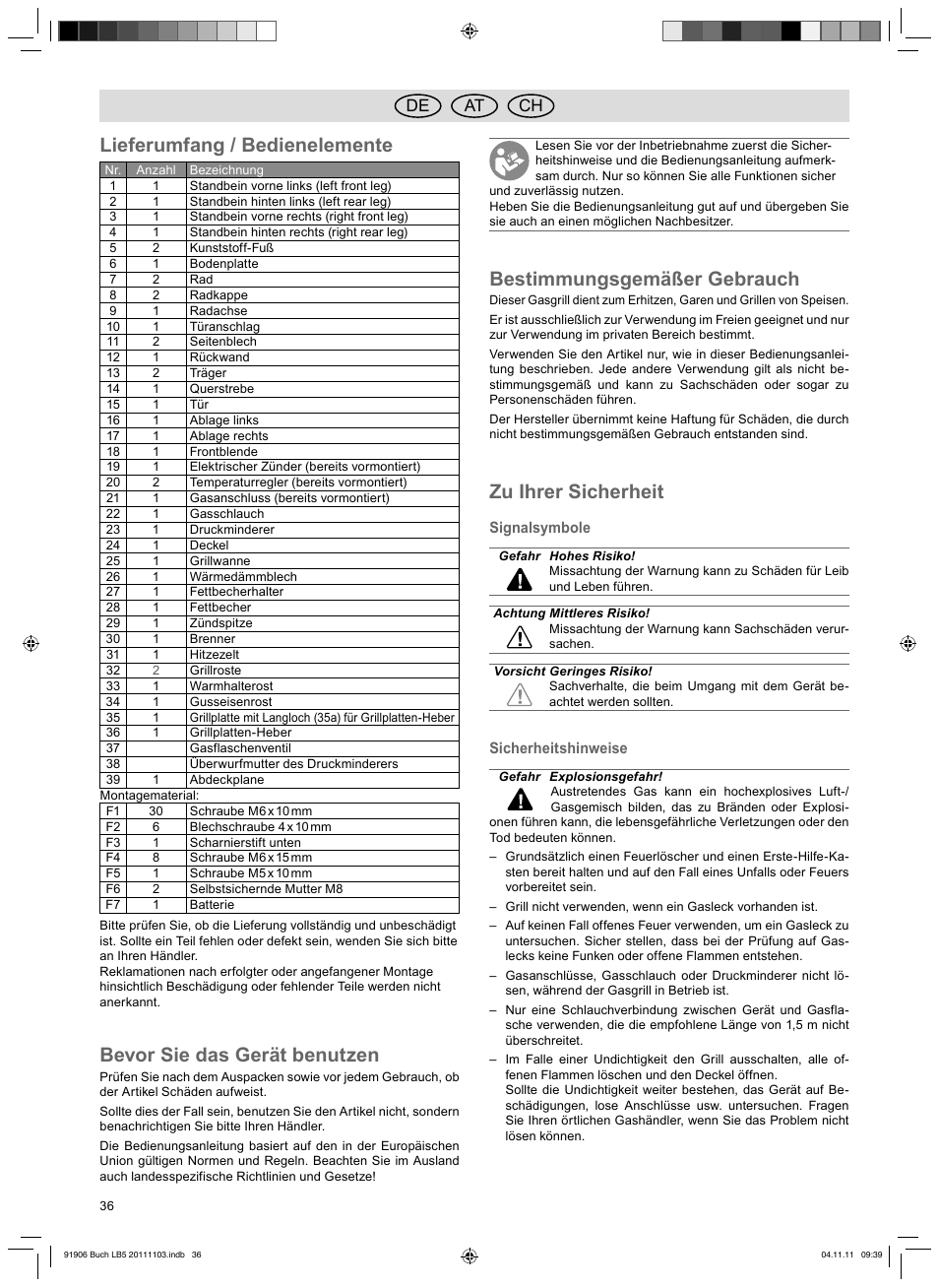 Lieferumfang / bedienelemente, Bevor sie das gerät benutzen, Bestimmungsgemäßer gebrauch | Zu ihrer sicherheit, De at ch | Florabest FGG 6.7 B2 User Manual | Page 36 / 42
