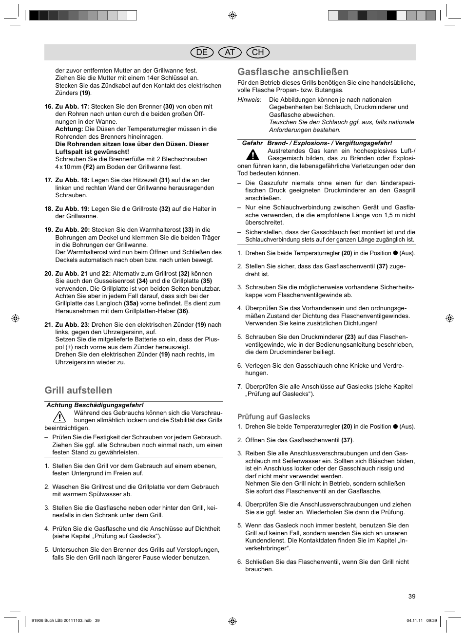 Grill aufstellen, Gasflasche anschließen, De at ch | Florabest FGG 6.7 B2 User Manual | Page 39 / 42