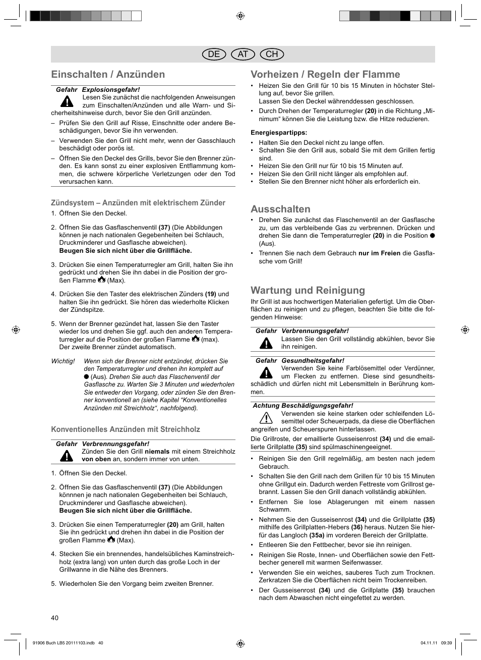 Einschalten / anzünden, Vorheizen / regeln der flamme, Ausschalten | Wartung und reinigung, De at ch | Florabest FGG 6.7 B2 User Manual | Page 40 / 42