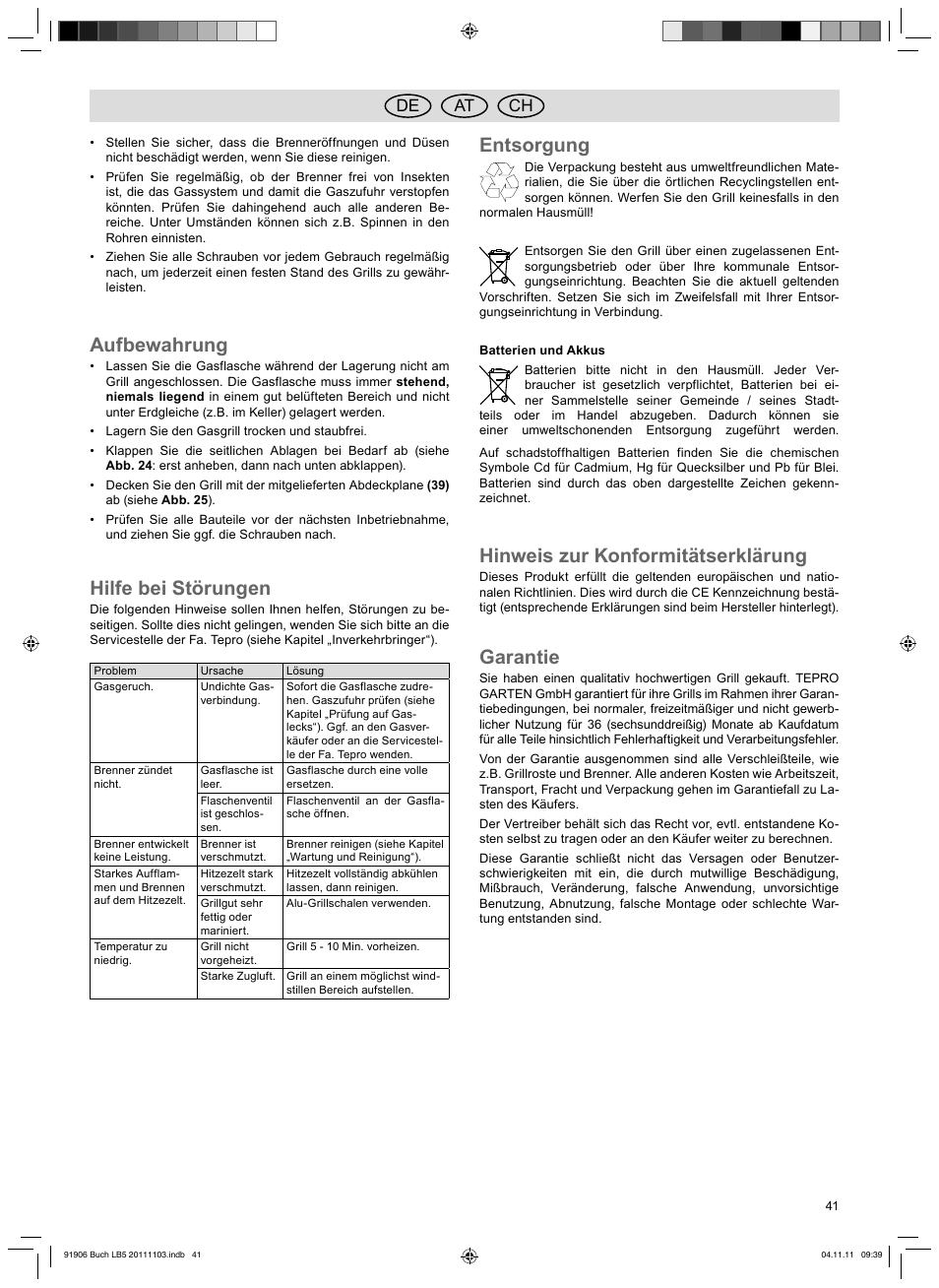Aufbewahrung, Hilfe bei störungen, Entsorgung | Hinweis zur konformitätserklärung, Garantie, De at ch | Florabest FGG 6.7 B2 User Manual | Page 41 / 42