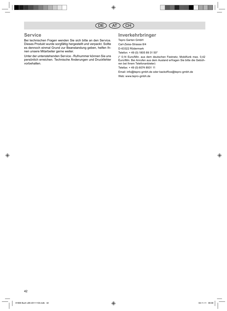 Service, Inverkehrbringer, De at ch | Florabest FGG 6.7 B2 User Manual | Page 42 / 42