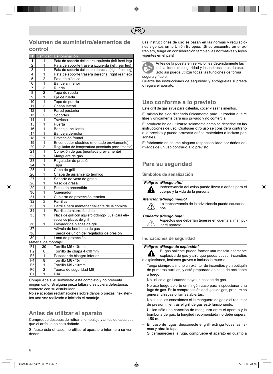 Volumen de suministro/elementos de control, Antes de utilizar el aparato, Uso conforme a lo previsto | Para su seguridad | Florabest FGG 6.7 B2 User Manual | Page 6 / 42