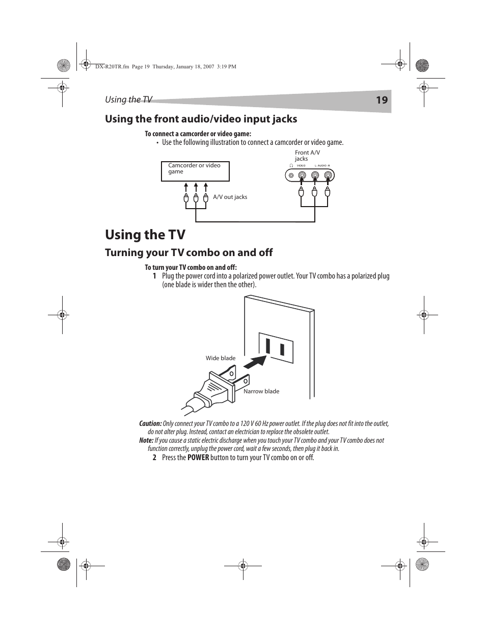 Using the tv, 19 using the front audio/video input jacks, Turning your tv combo on and off | Dynex DX-R20TR User Manual | Page 20 / 67