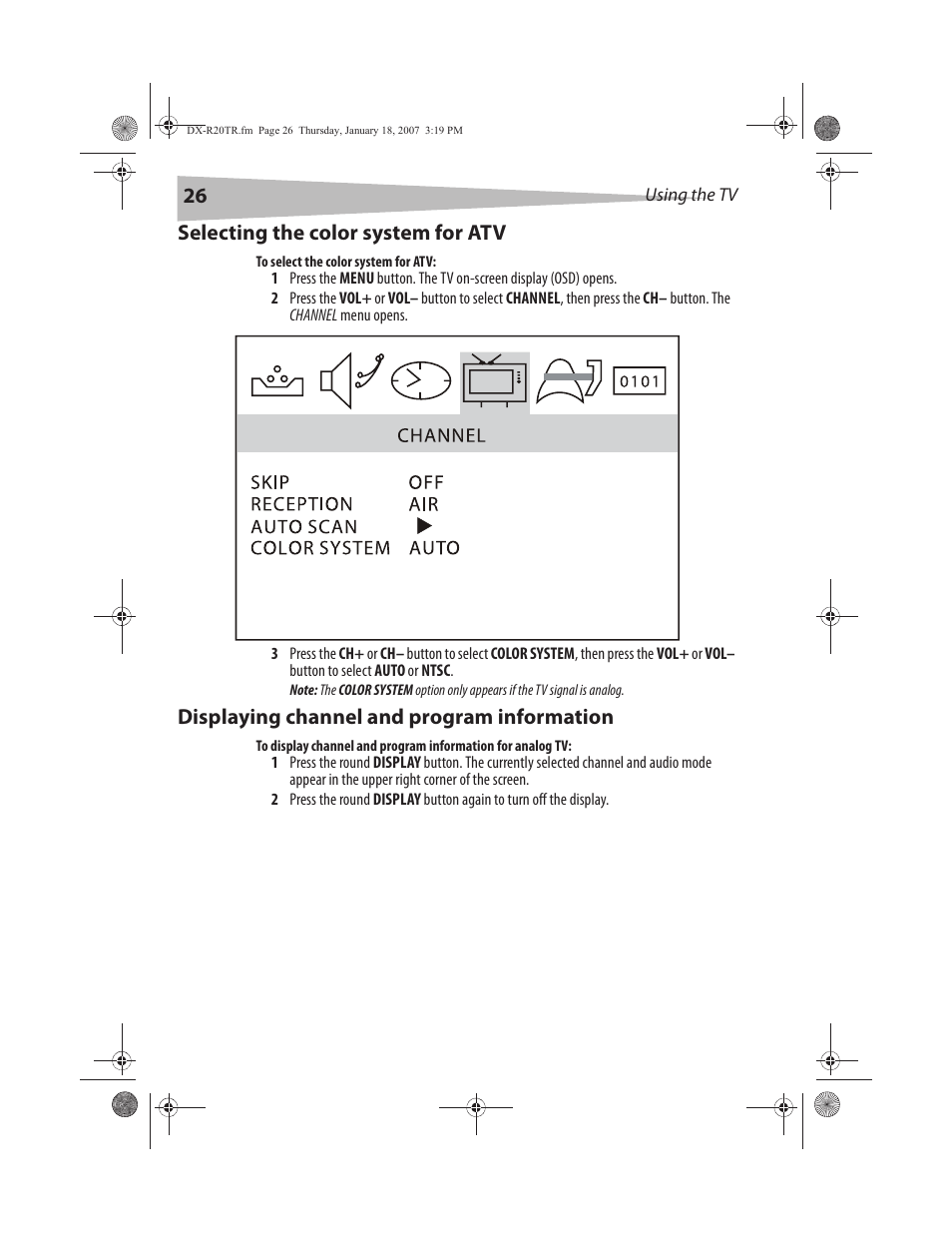 Selecting the color system for atv, Displaying channel and program information | Dynex DX-R20TR User Manual | Page 27 / 67