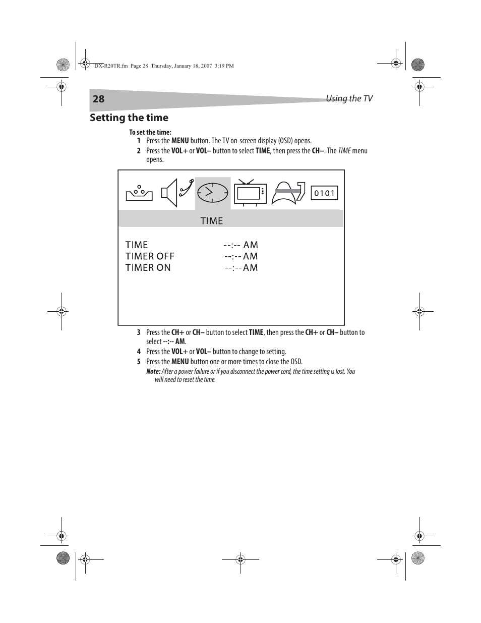 Setting the time | Dynex DX-R20TR User Manual | Page 29 / 67