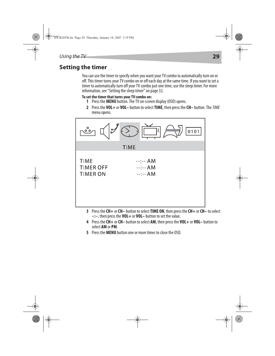 29 setting the timer | Dynex DX-R20TR User Manual | Page 30 / 67