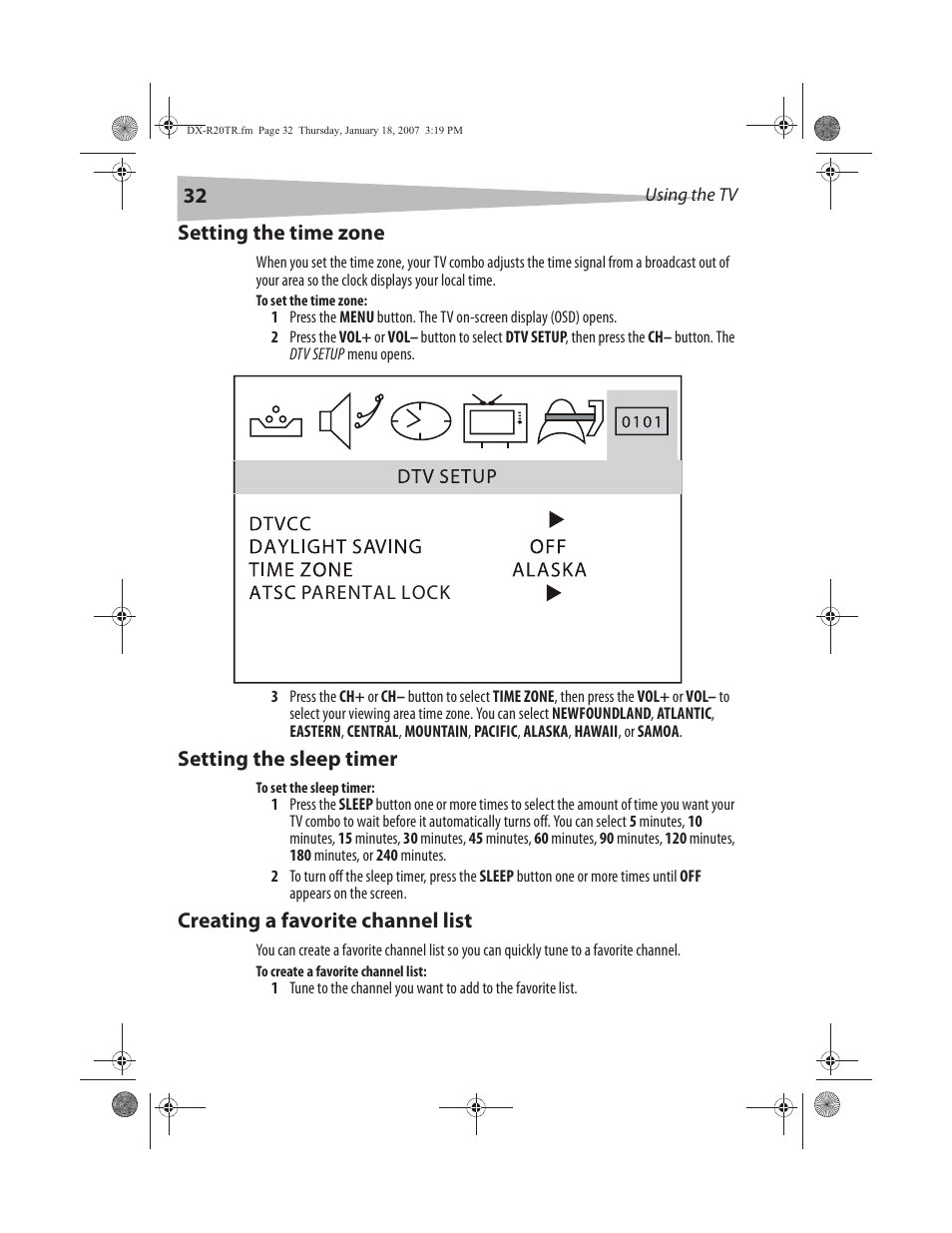 Setting the time zone, Setting the sleep timer, Creating a favorite channel list | Dynex DX-R20TR User Manual | Page 33 / 67