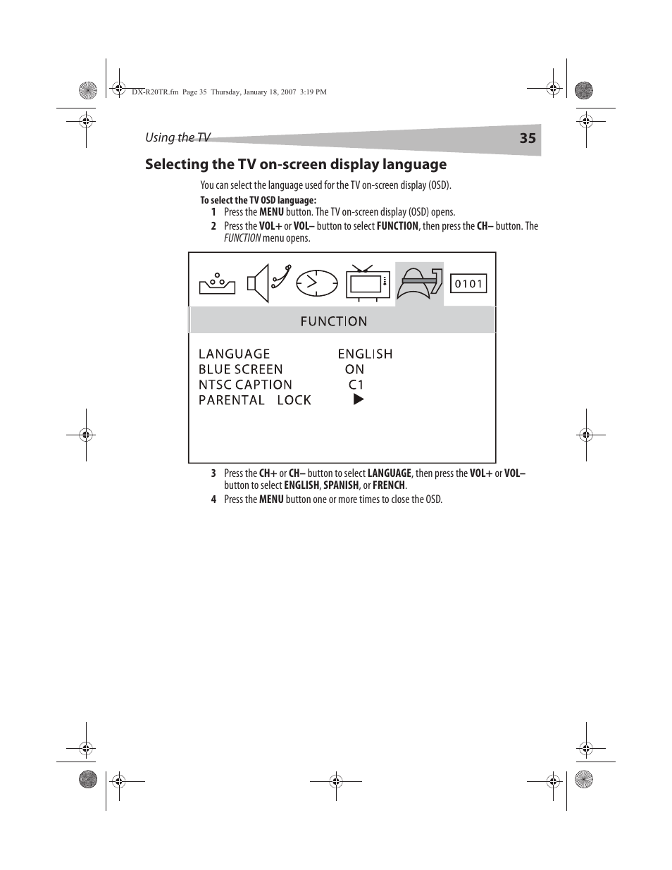 35 selecting the tv on-screen display language | Dynex DX-R20TR User Manual | Page 36 / 67