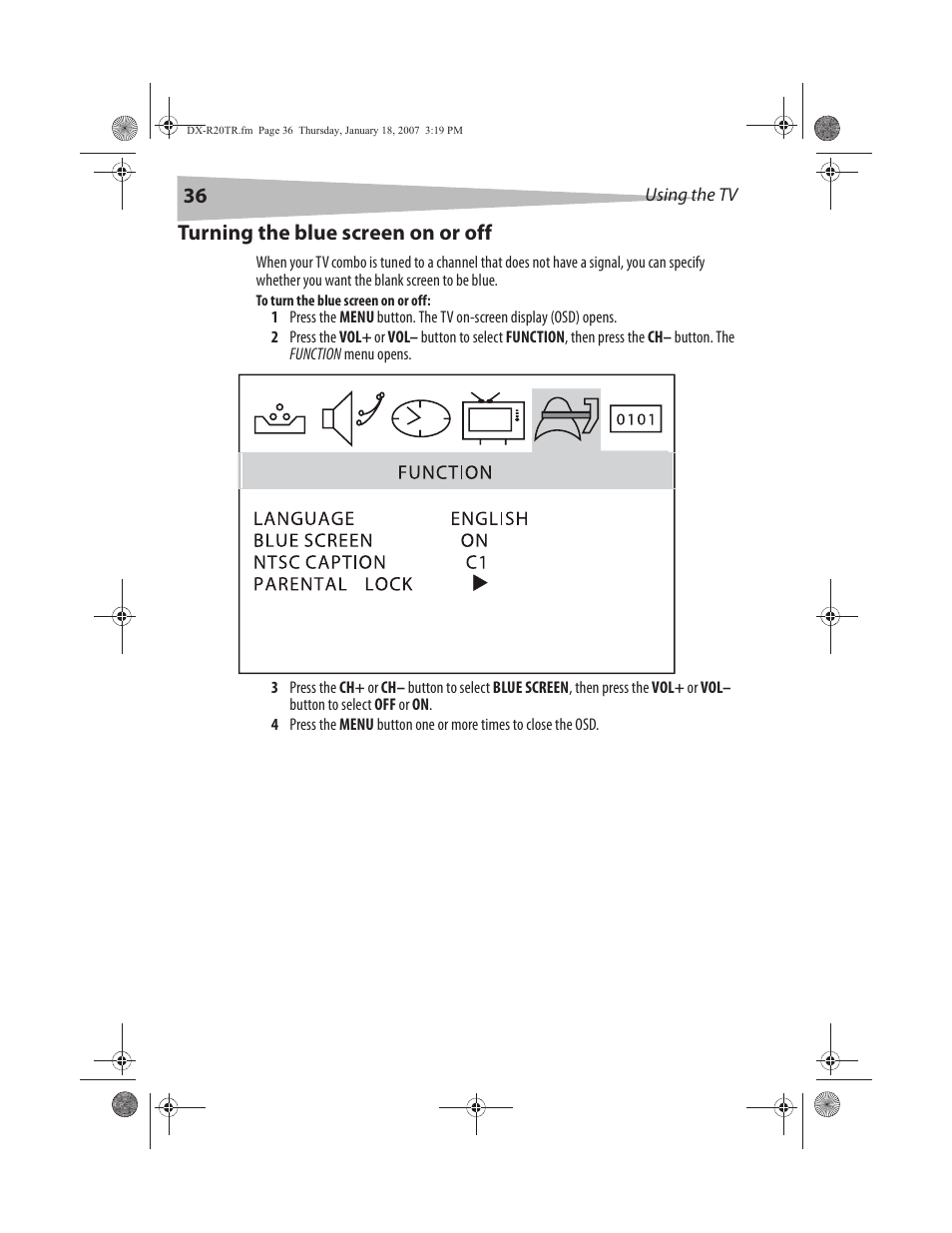 Turning the blue screen on or off | Dynex DX-R20TR User Manual | Page 37 / 67