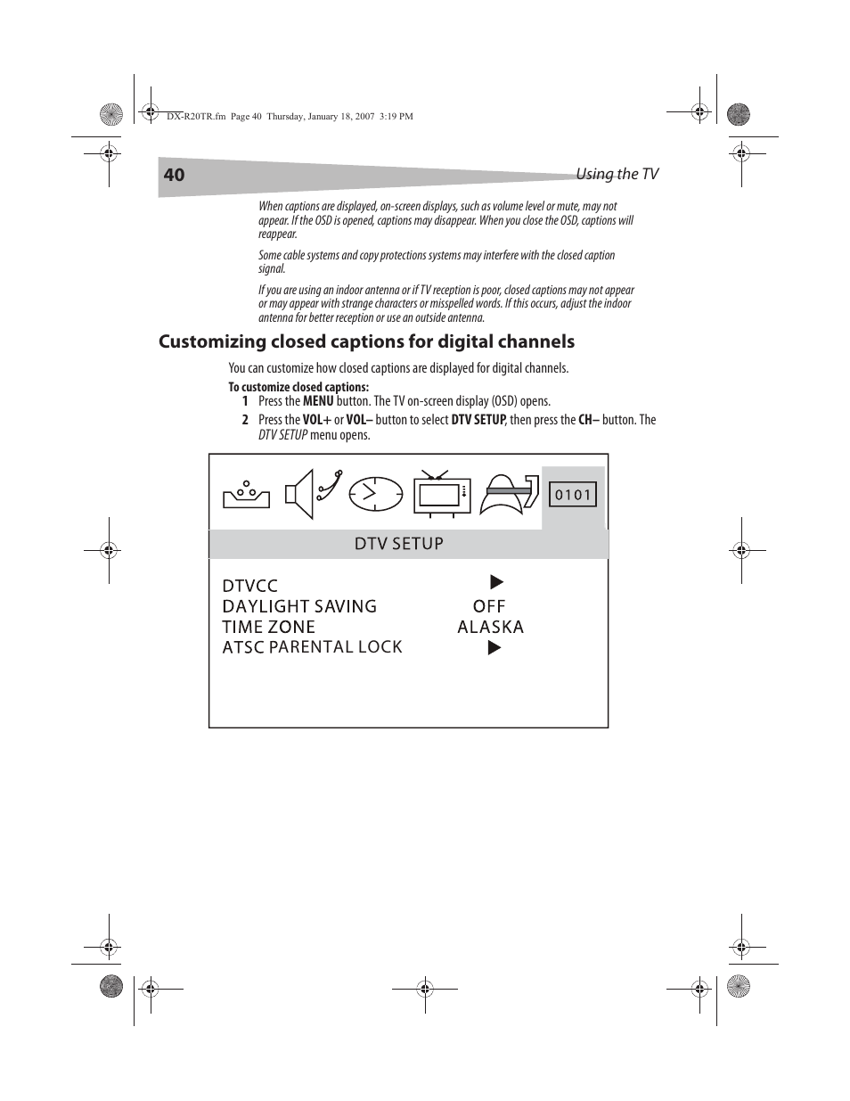 Customizing closed captions for digital channels | Dynex DX-R20TR User Manual | Page 41 / 67