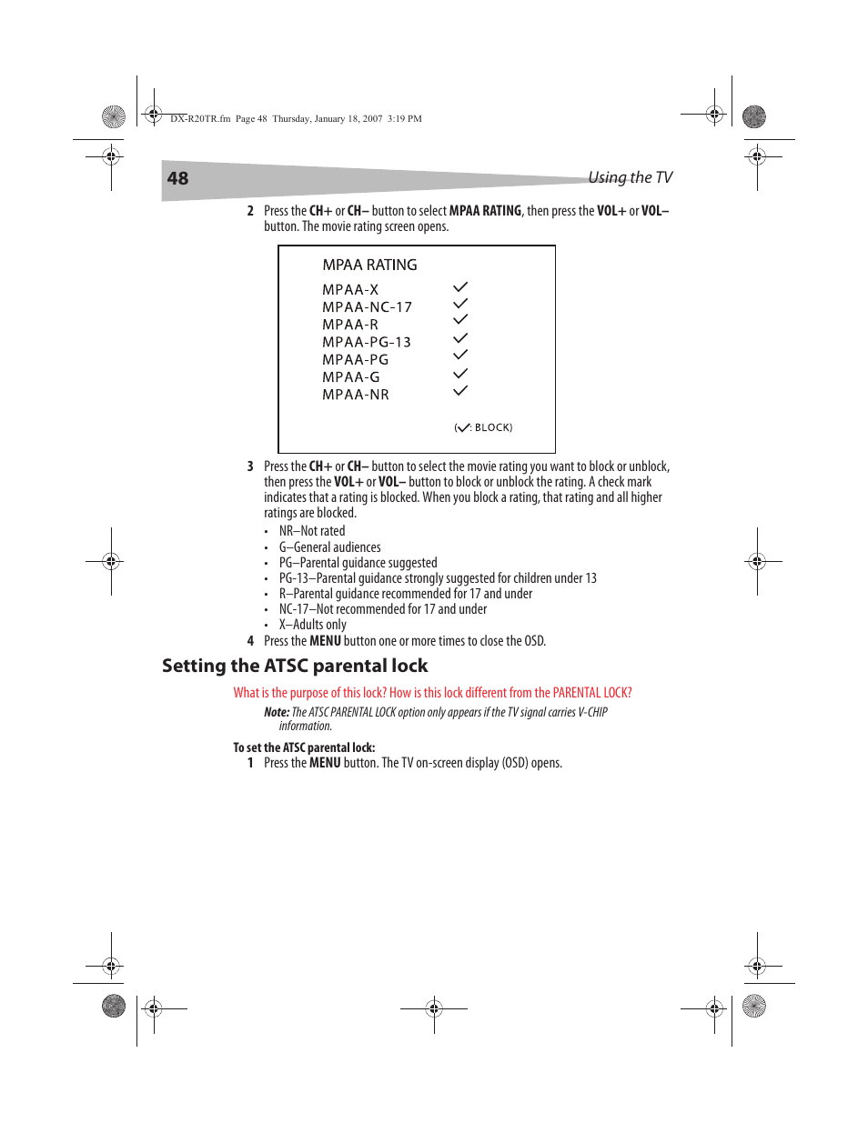 Setting the atsc parental lock | Dynex DX-R20TR User Manual | Page 49 / 67