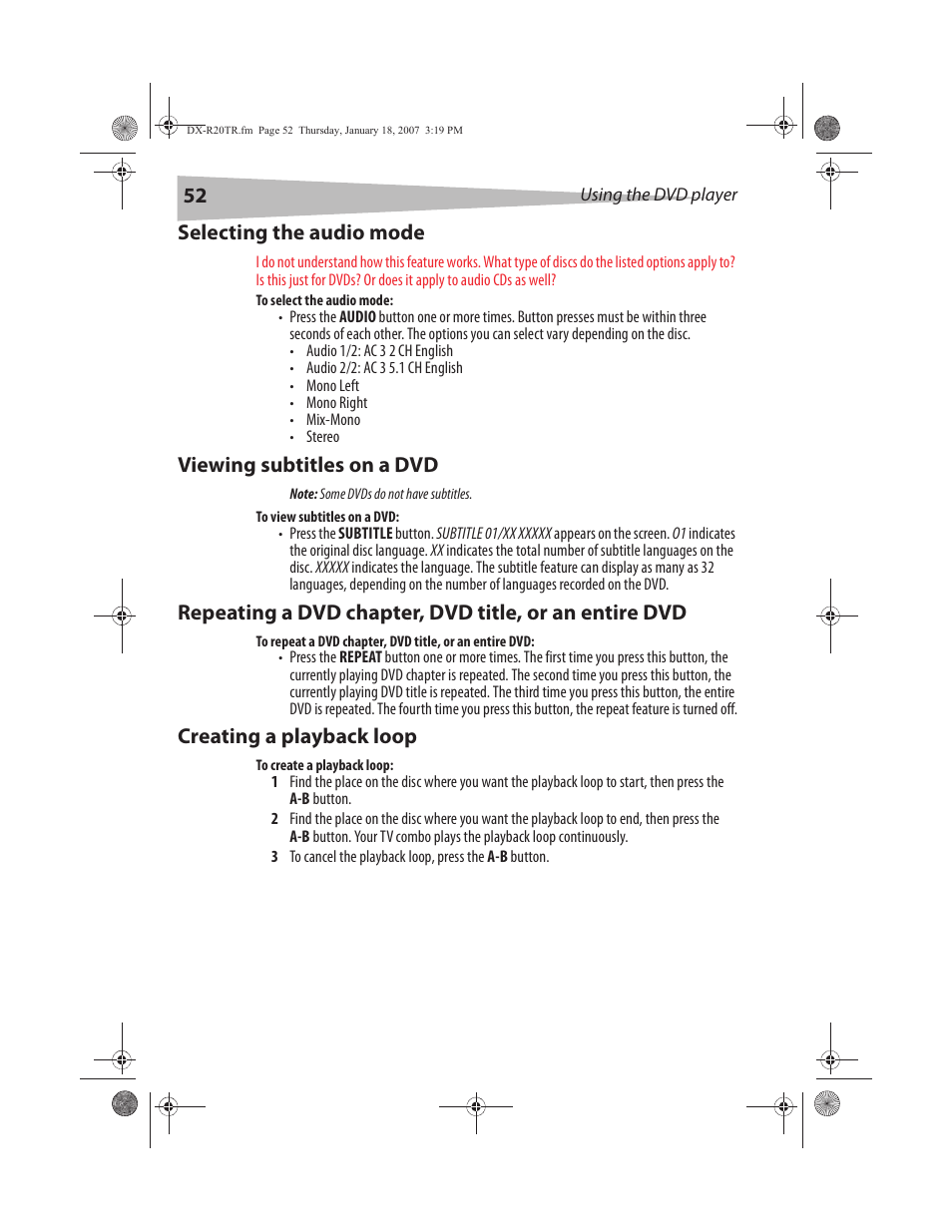 Selecting the audio mode, Viewing subtitles on a dvd, Creating a playback loop | Dynex DX-R20TR User Manual | Page 53 / 67