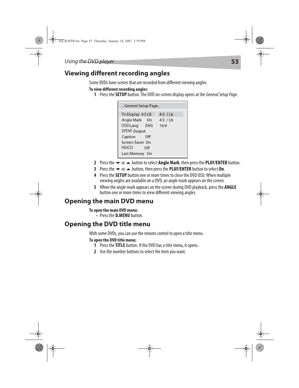 53 viewing different recording angles, Opening the main dvd menu, Opening the dvd title menu | Dynex DX-R20TR User Manual | Page 54 / 67