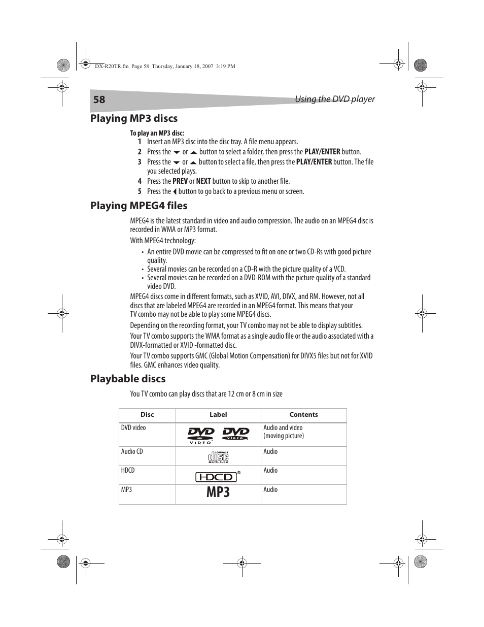 Playing mp3 discs, Playing mpeg4 files, Playbable discs | Dynex DX-R20TR User Manual | Page 59 / 67