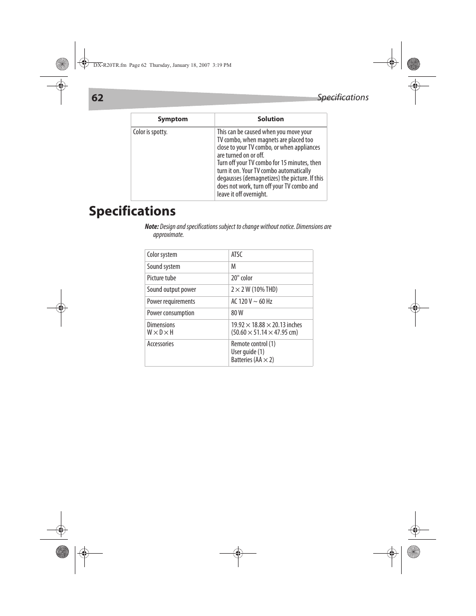 Specifications | Dynex DX-R20TR User Manual | Page 63 / 67