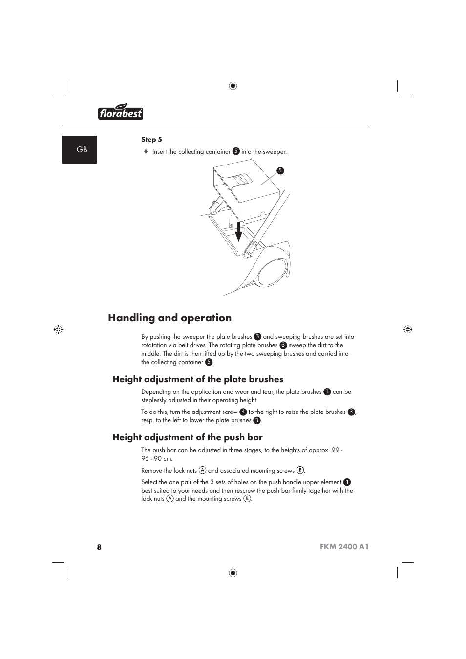 Handling and operation, Height adjustment of the plate brushes, Height adjustment of the push bar | Florabest FKM 2400 A1 User Manual | Page 10 / 86