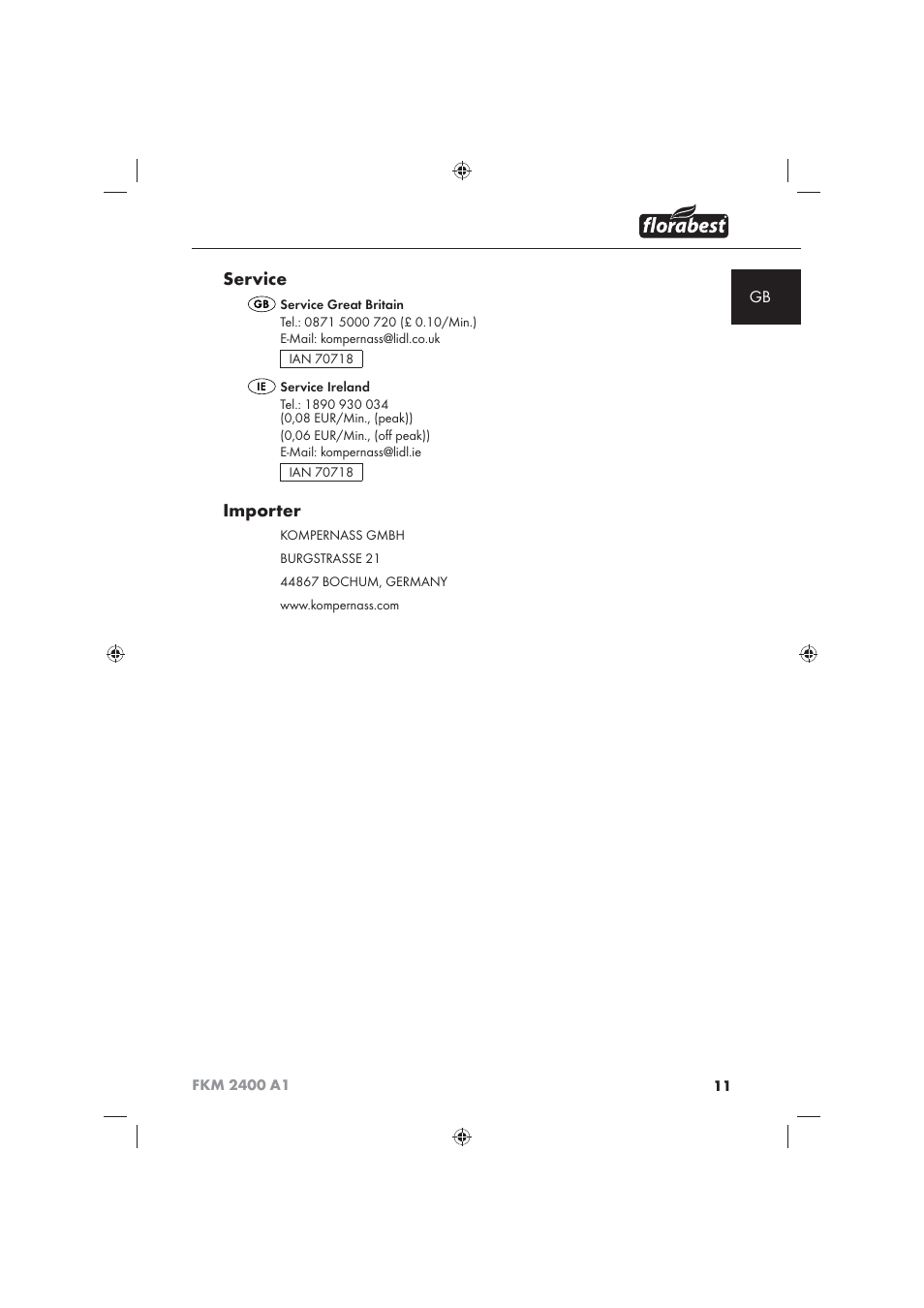 Service, Importer | Florabest FKM 2400 A1 User Manual | Page 13 / 86