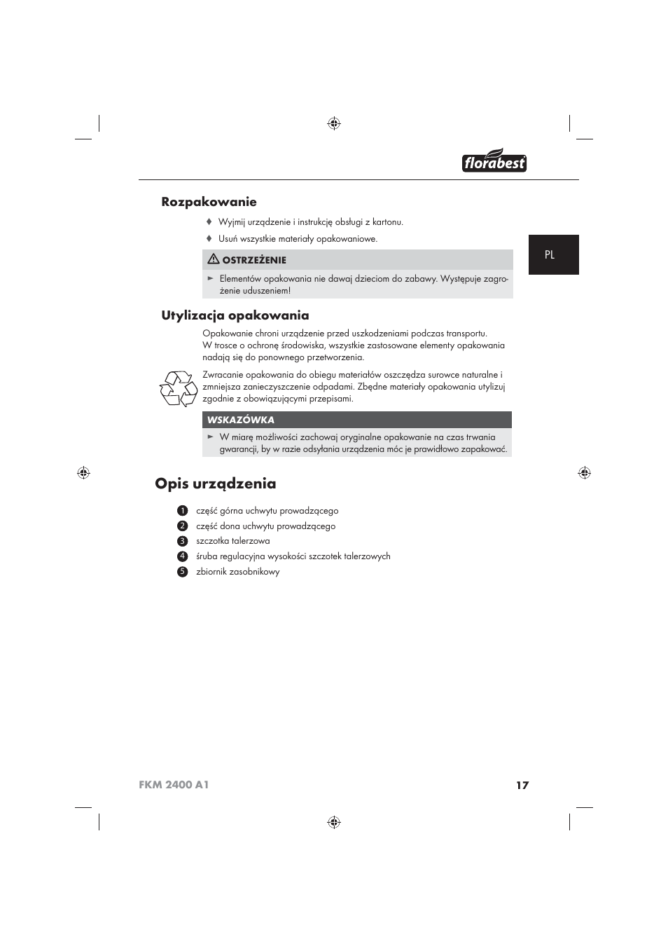 Opis urządzenia, Rozpakowanie, Utylizacja opakowania | Florabest FKM 2400 A1 User Manual | Page 19 / 86