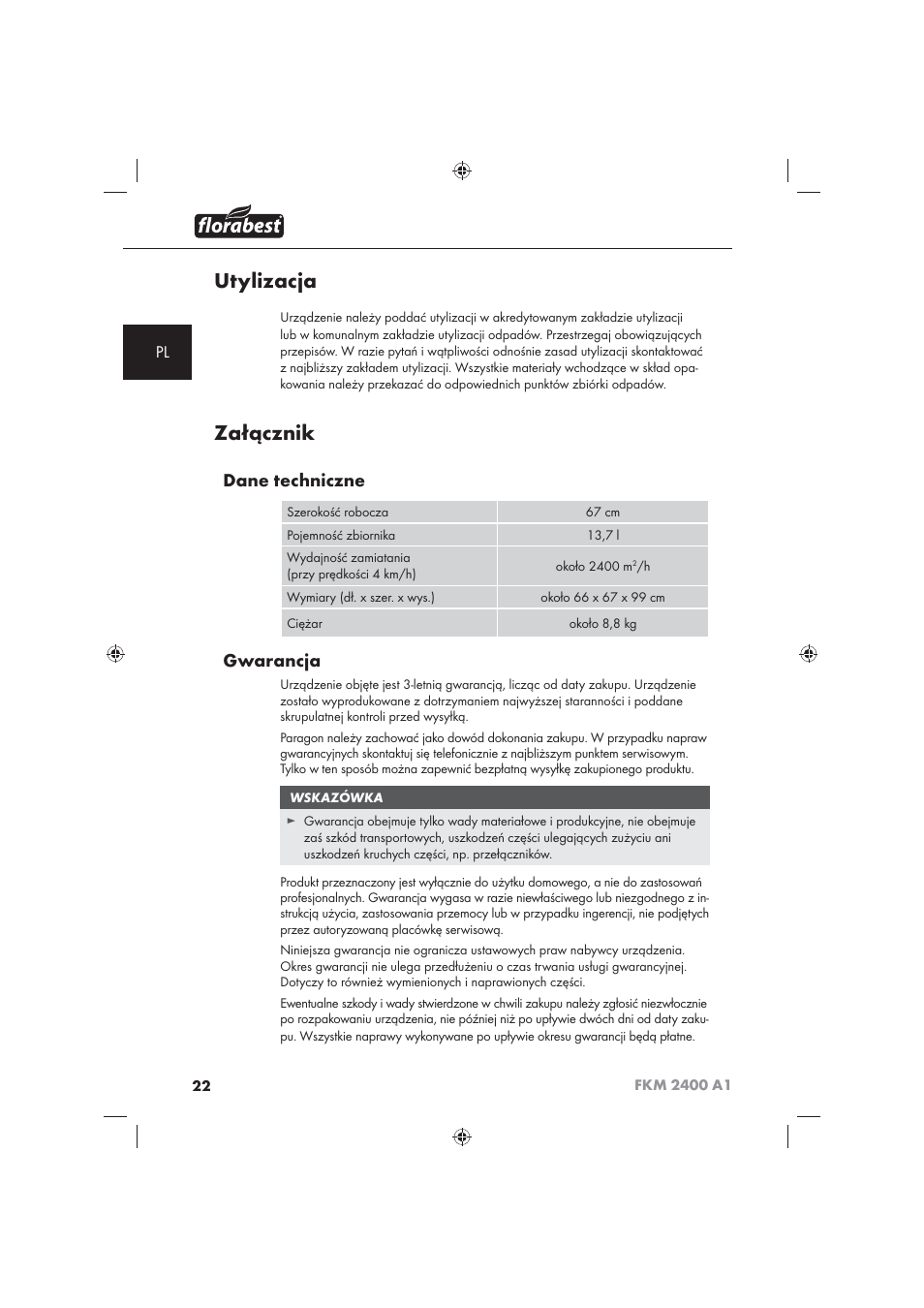 Utylizacja, Załącznik, Dane techniczne | Gwarancja | Florabest FKM 2400 A1 User Manual | Page 24 / 86