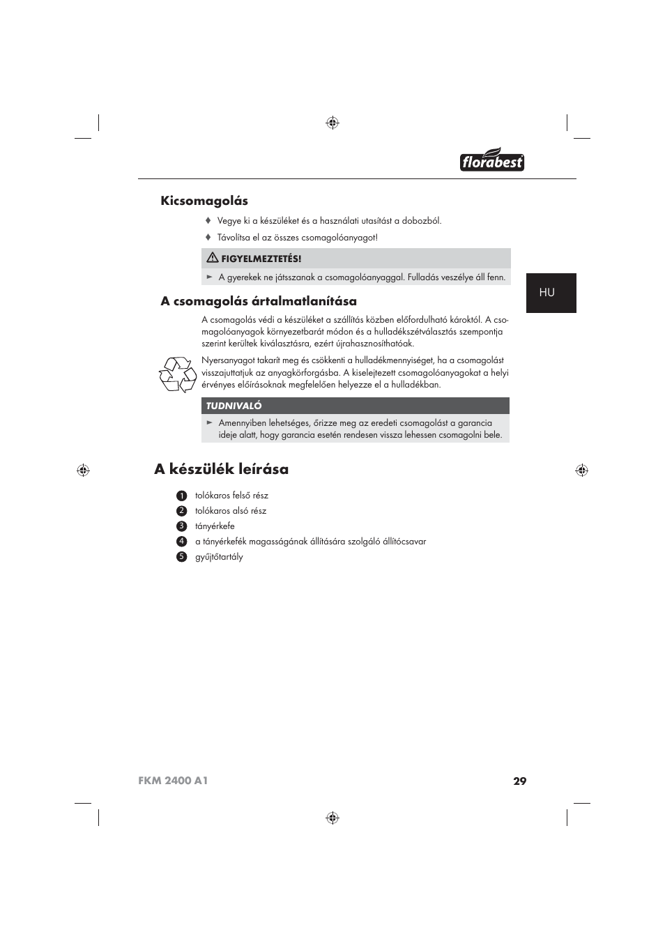 A készülék leírása, Kicsomagolás, A csomagolás ártalmatlanítása | Florabest FKM 2400 A1 User Manual | Page 31 / 86