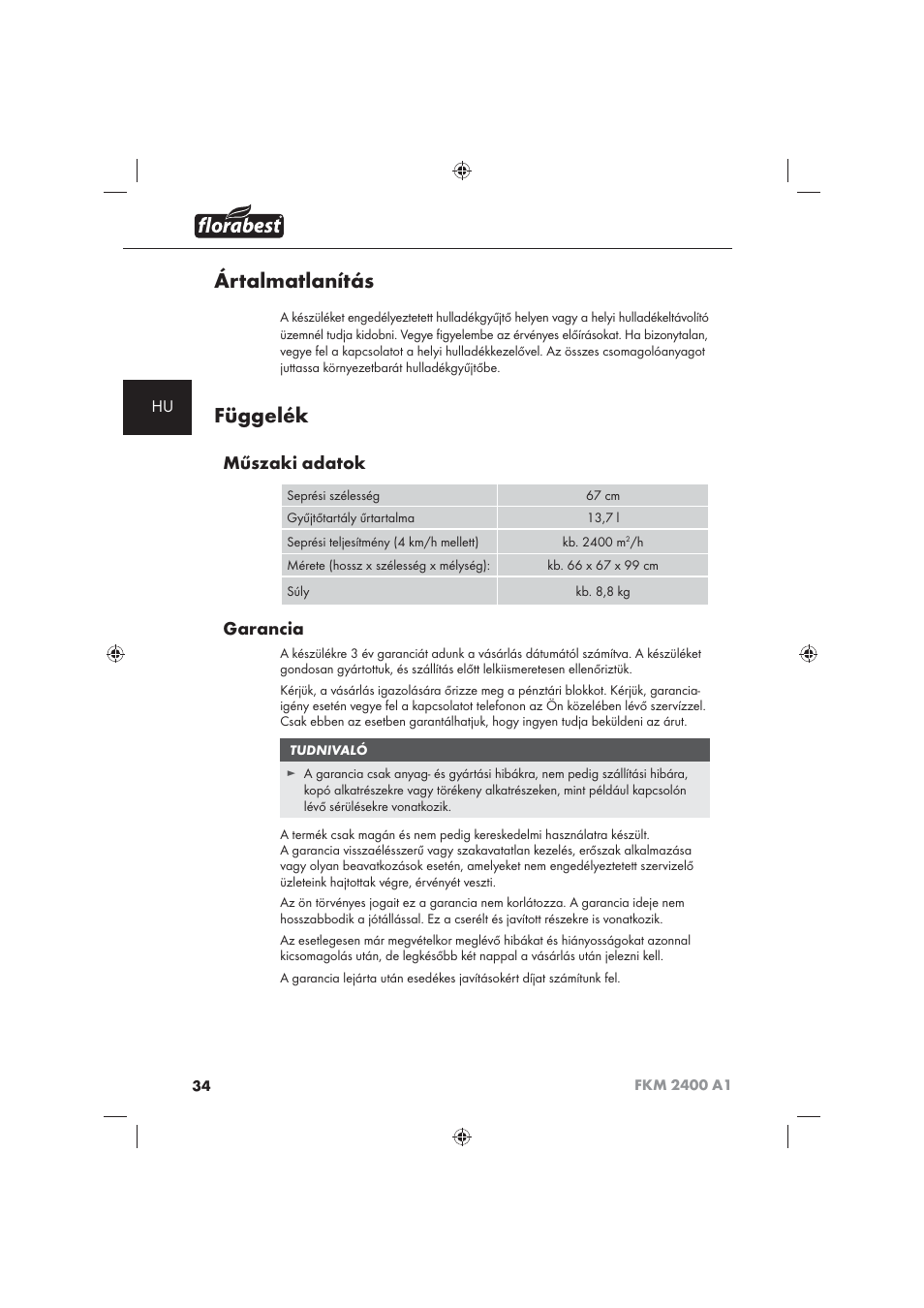Ártalmatlanítás, Függelék, Műszaki adatok | Garancia | Florabest FKM 2400 A1 User Manual | Page 36 / 86