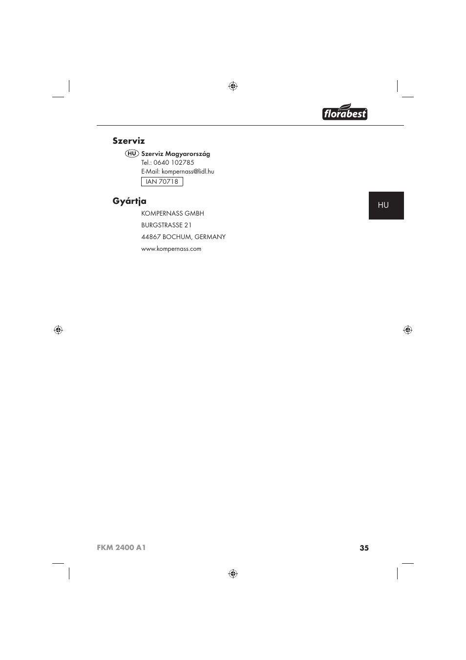 Szerviz, Gyártja | Florabest FKM 2400 A1 User Manual | Page 37 / 86
