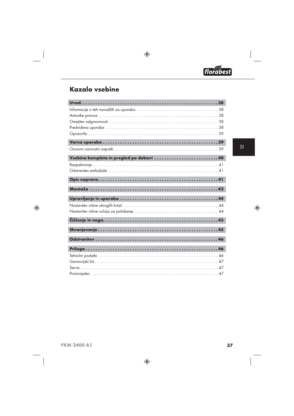 Kazalo vsebine | Florabest FKM 2400 A1 User Manual | Page 39 / 86