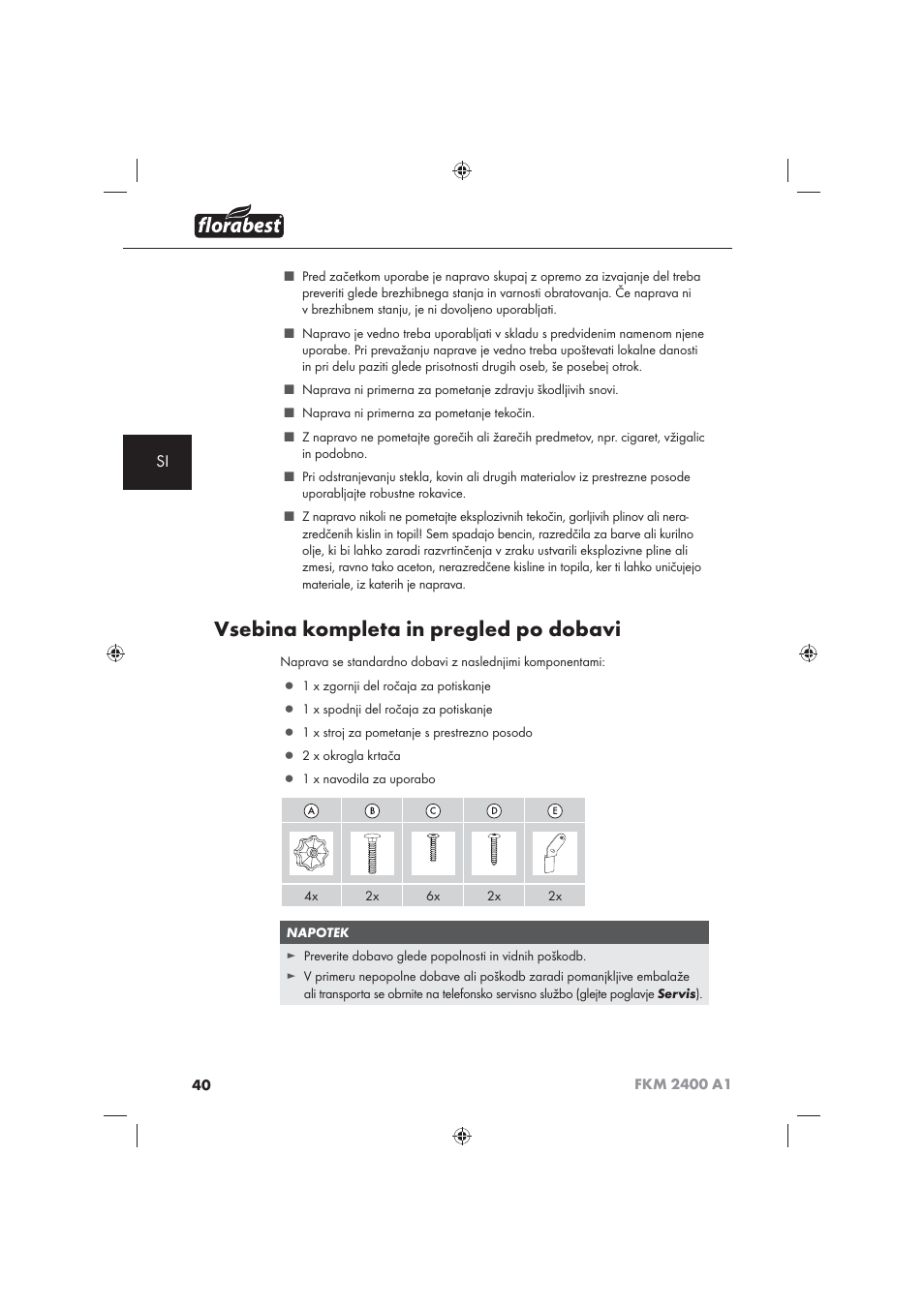 Vsebina kompleta in pregled po dobavi | Florabest FKM 2400 A1 User Manual | Page 42 / 86