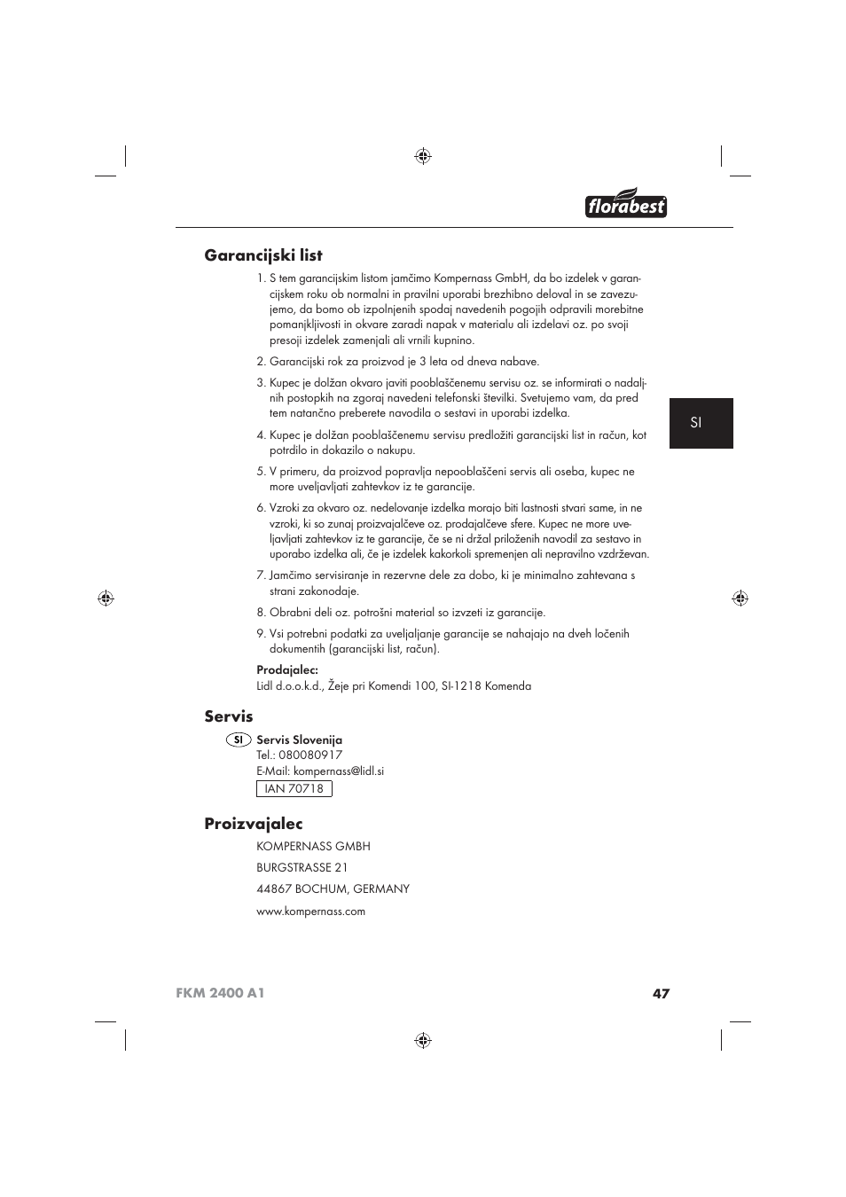 Garancijski list, Servis, Proizvajalec | Florabest FKM 2400 A1 User Manual | Page 49 / 86