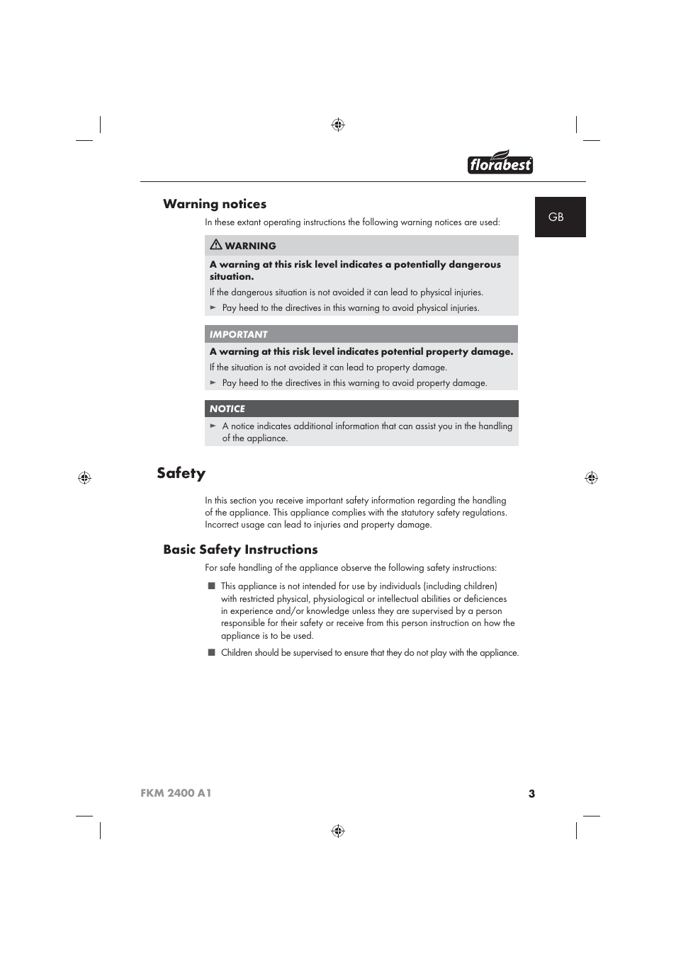 Safety, Warning notices, Basic safety instructions | Florabest FKM 2400 A1 User Manual | Page 5 / 86