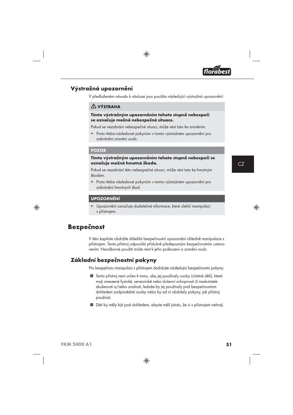 Bezpečnost, Výstražná upozornění, Základní bezpečnostní pokyny | Florabest FKM 2400 A1 User Manual | Page 53 / 86