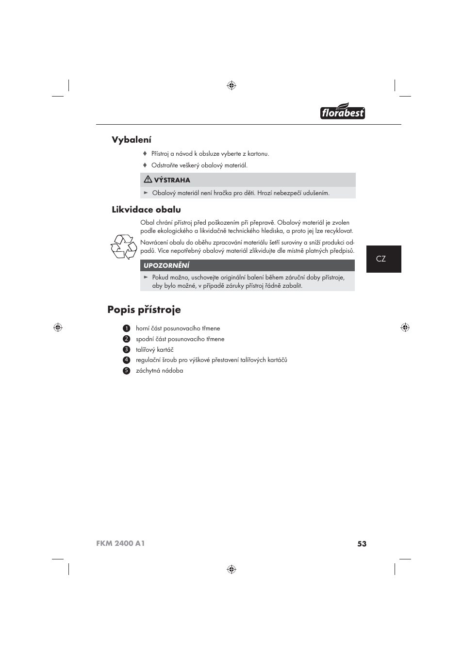 Popis přístroje, Vybalení, Likvidace obalu | Florabest FKM 2400 A1 User Manual | Page 55 / 86