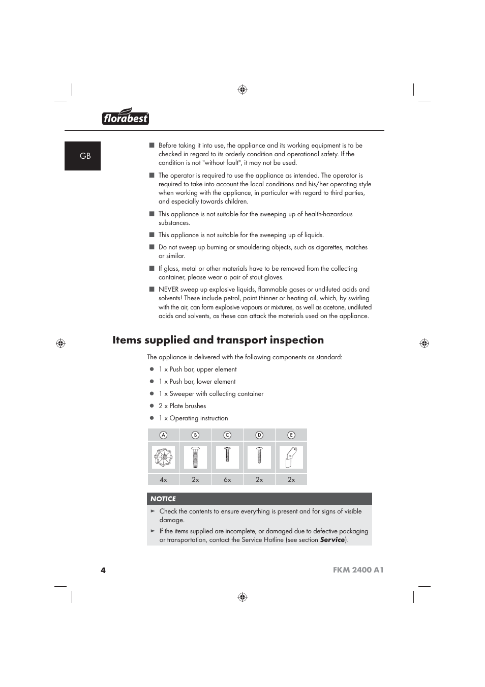 Items supplied and transport inspection | Florabest FKM 2400 A1 User Manual | Page 6 / 86