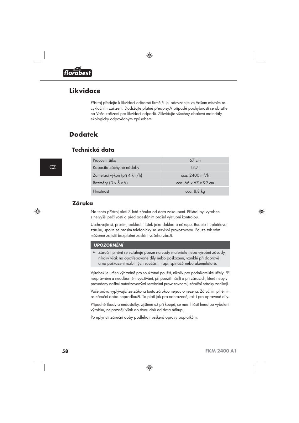 Likvidace, Dodatek, Technická data | Záruka | Florabest FKM 2400 A1 User Manual | Page 60 / 86