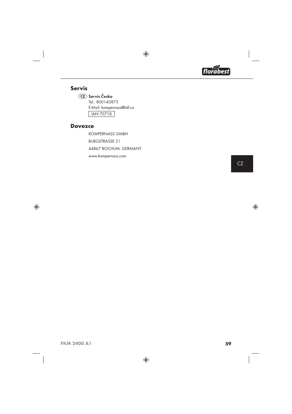 Servis, Dovozce | Florabest FKM 2400 A1 User Manual | Page 61 / 86