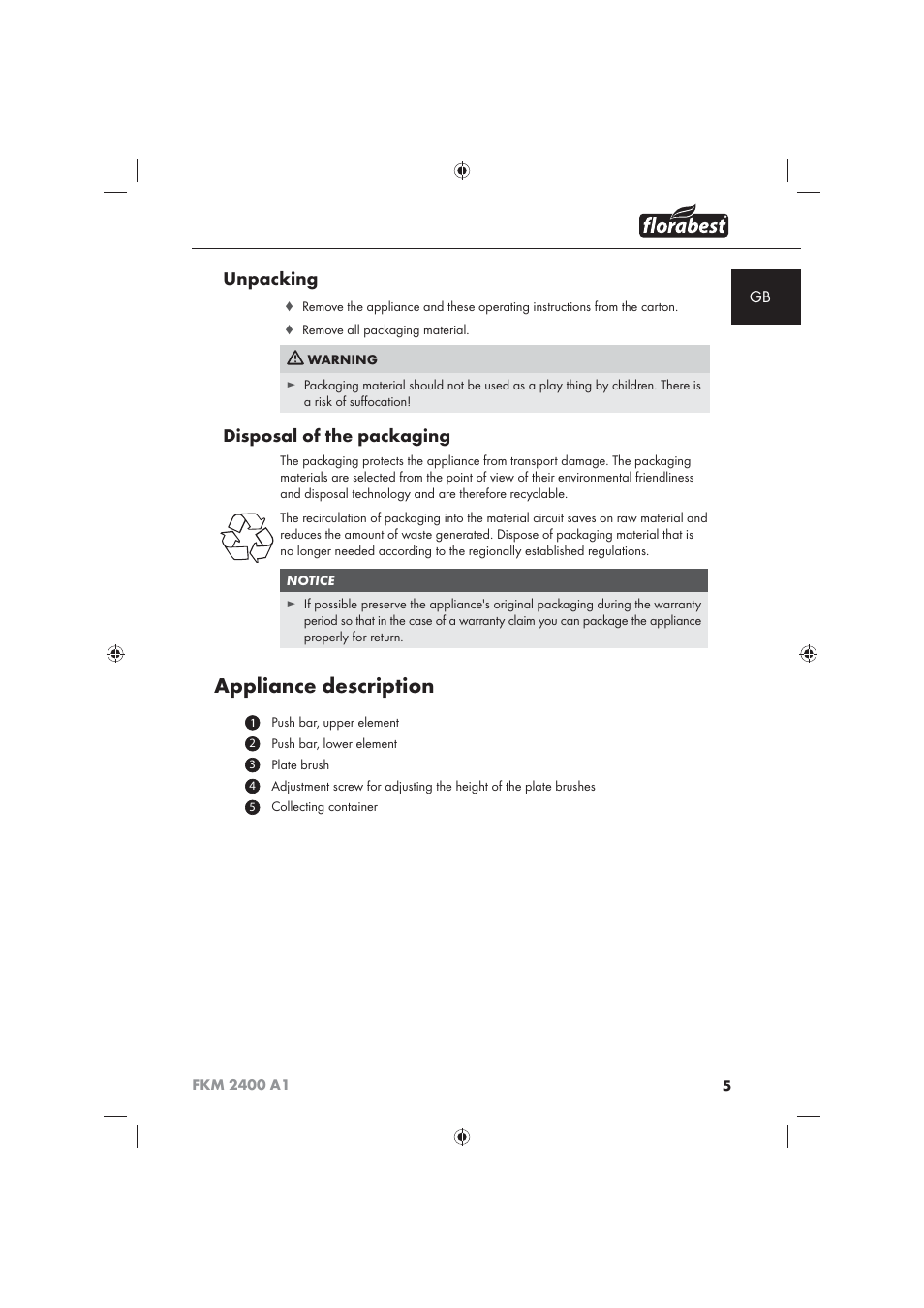 Appliance description, Unpacking, Disposal of the packaging | Florabest FKM 2400 A1 User Manual | Page 7 / 86