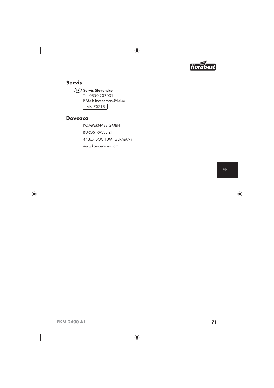 Servis, Dovozca | Florabest FKM 2400 A1 User Manual | Page 73 / 86