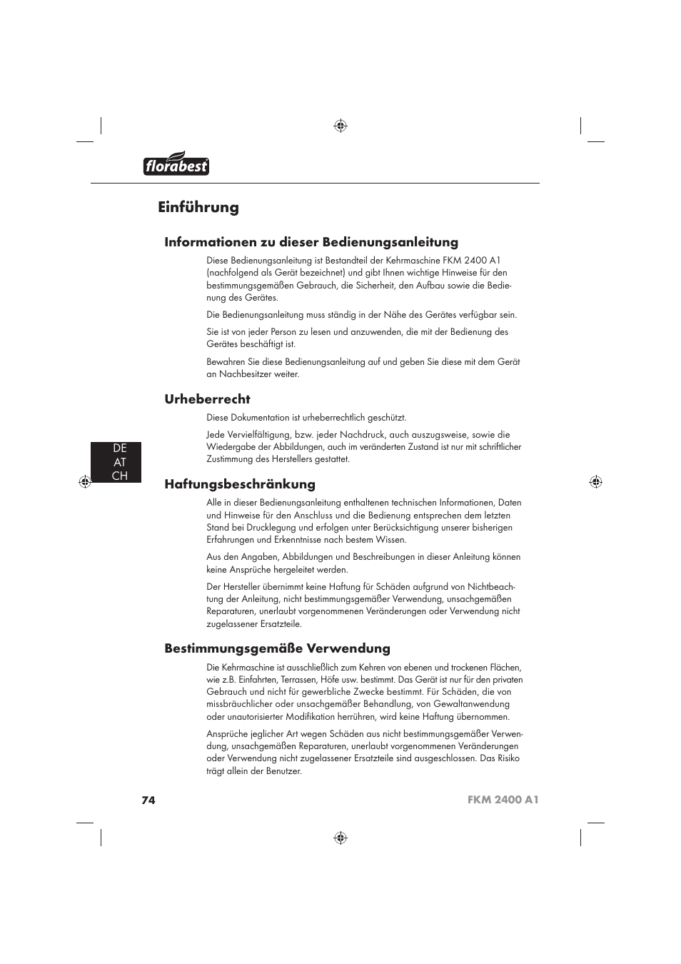 Einführung, Informationen zu dieser bedienungsanleitung, Urheberrecht | Haftungsbeschränkung, Bestimmungsgemäße verwendung, De at ch | Florabest FKM 2400 A1 User Manual | Page 76 / 86