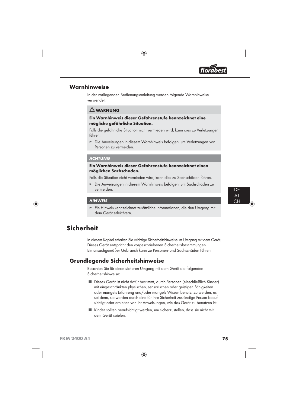 Sicherheit, Warnhinweise, Grundlegende sicherheitshinweise | De at ch | Florabest FKM 2400 A1 User Manual | Page 77 / 86