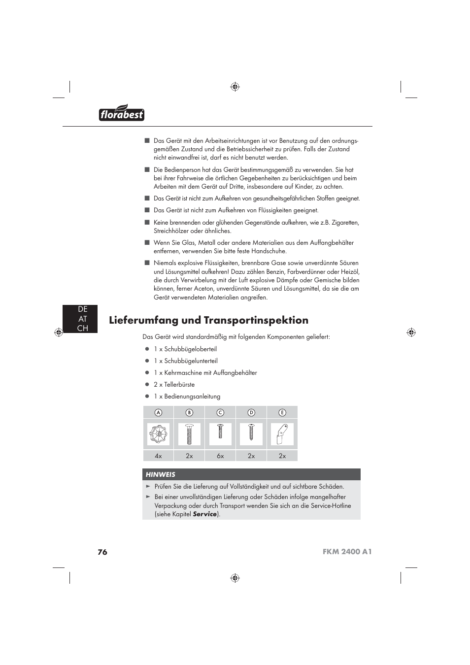 Lieferumfang und transportinspektion, De at ch | Florabest FKM 2400 A1 User Manual | Page 78 / 86