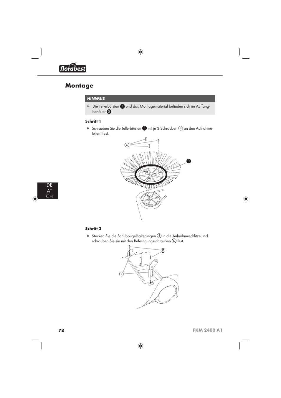 Montage, De at ch | Florabest FKM 2400 A1 User Manual | Page 80 / 86