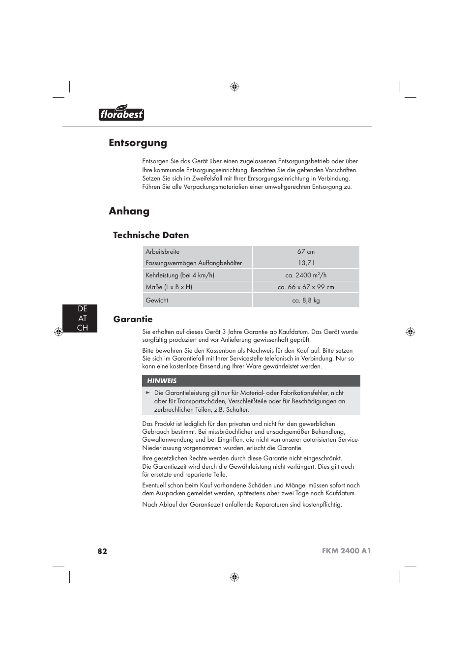 Entsorgung, Anhang, Technische daten | Garantie, De at ch | Florabest FKM 2400 A1 User Manual | Page 84 / 86