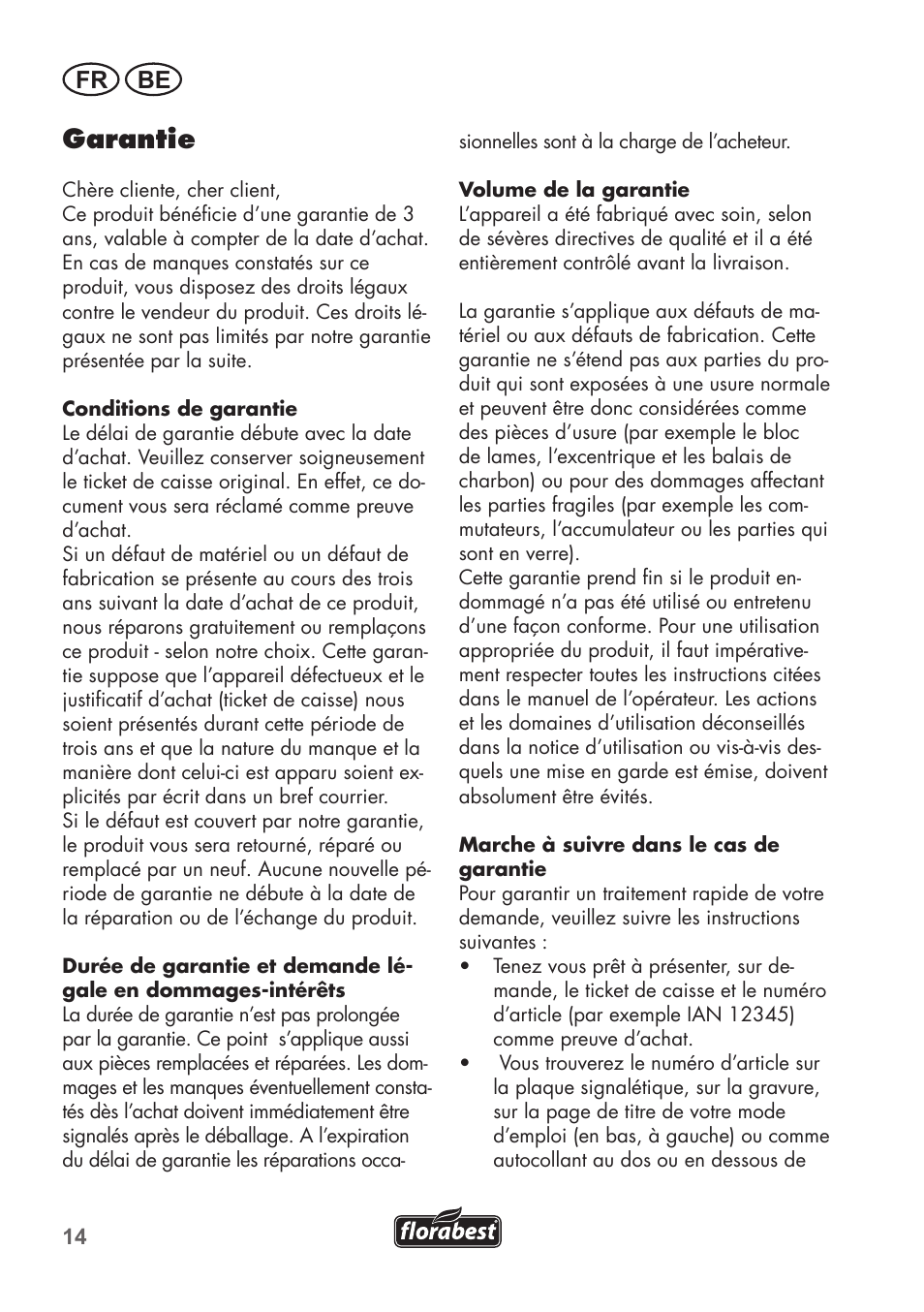 Garantie, Fr be | Florabest FHT 600 B2 User Manual | Page 14 / 54