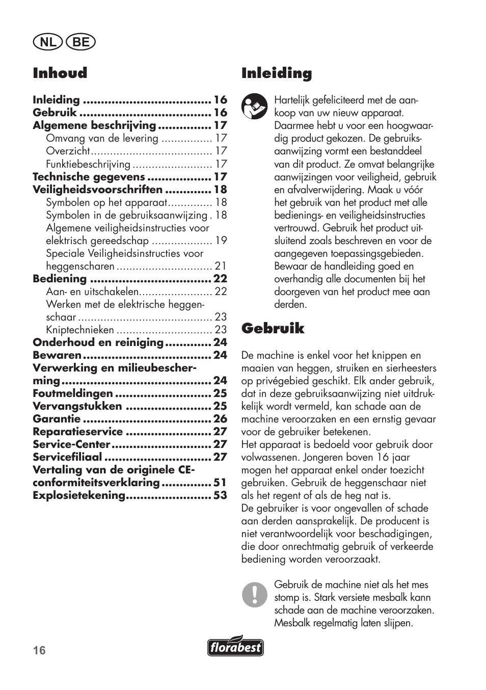 Inhoud, Inleiding, Gebruik | Nl be | Florabest FHT 600 B2 User Manual | Page 16 / 54