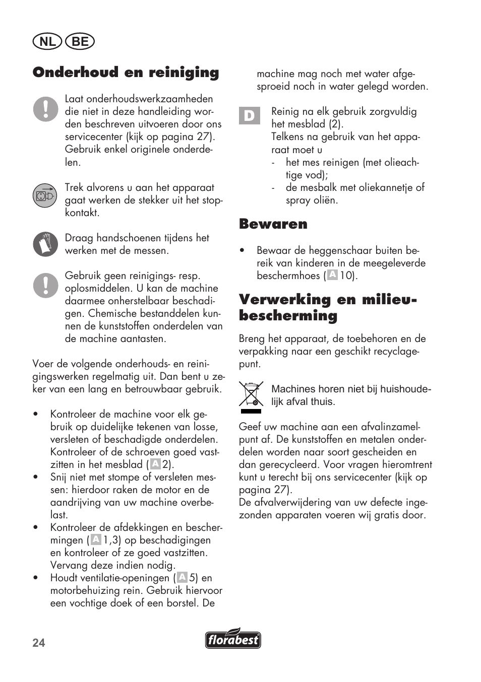 Onderhoud en reiniging, Bewaren, Verwerking en milieu- bescherming | Nl be | Florabest FHT 600 B2 User Manual | Page 24 / 54